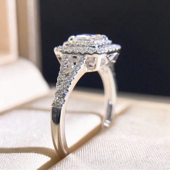 😍PRINCESS CUT 14K WHITE GOLD PURE CZ SQUARE BEAUTIFUL LUXURY WEDDING RING, K904 main image 0